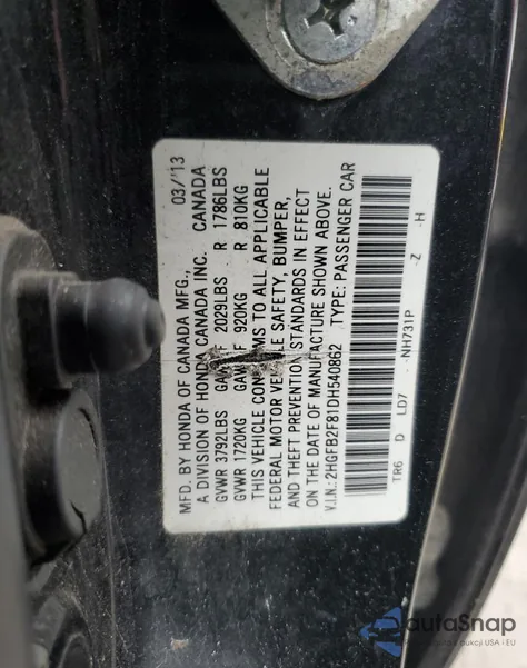 2013 Honda Civic Ex from USA, damaged, VIN 2HGFB2F81DH540862